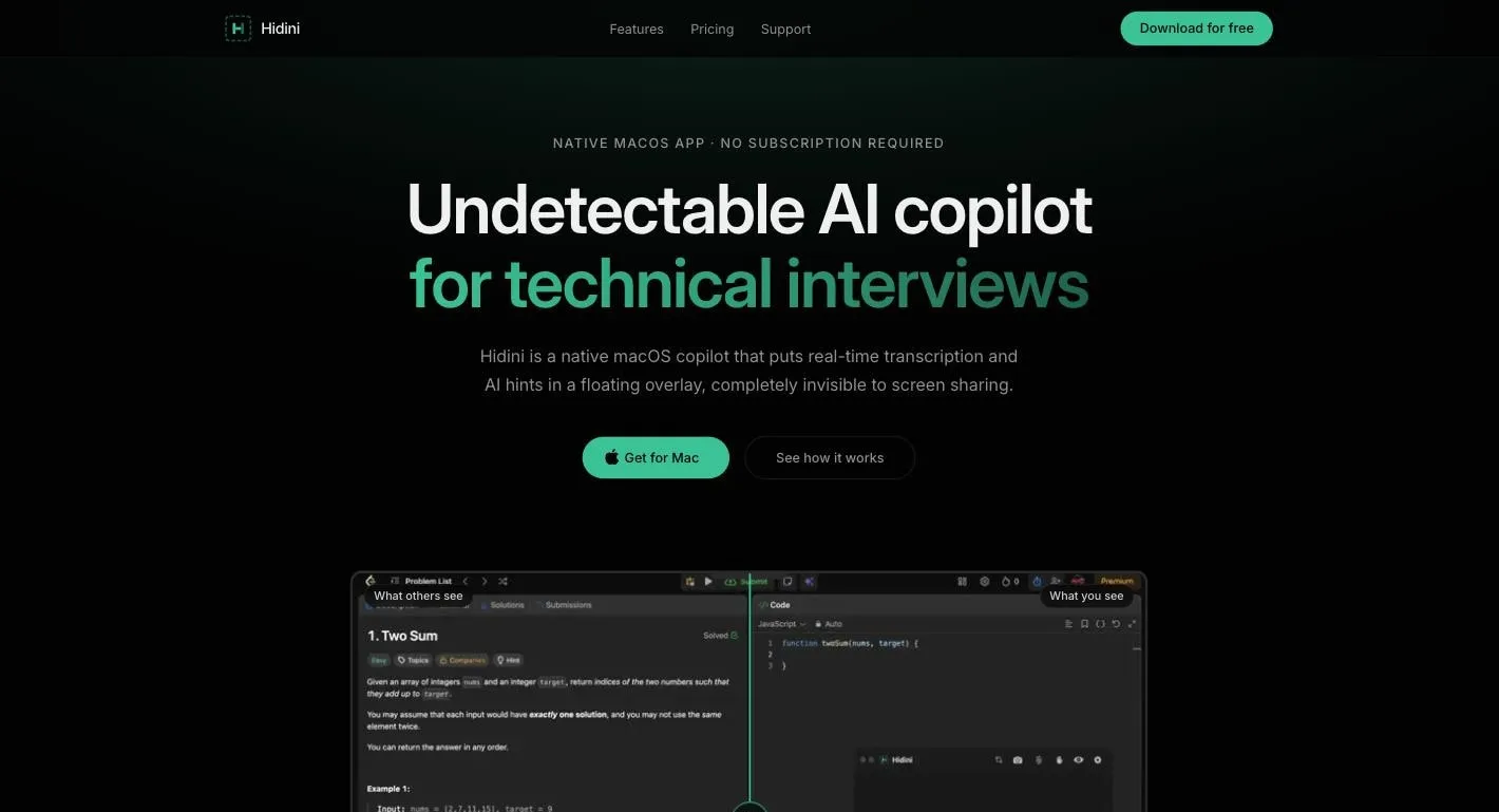 The Hidini homepage in July 2026