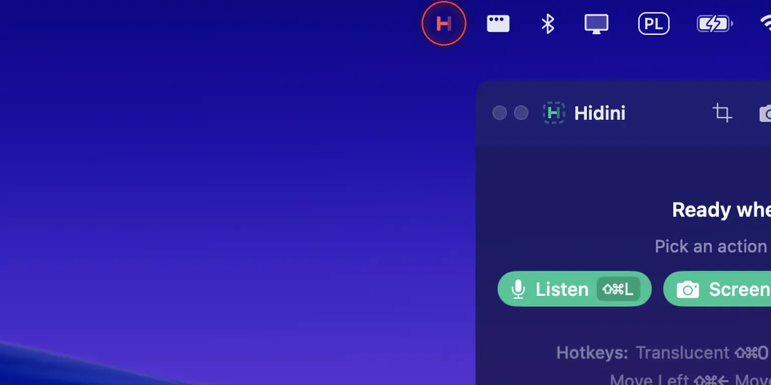 The top right of a Mac desktop on a blue wallpaper. In the menu bar, the Hidini H icon is drawn in red and circled, next to the other menu bar icons. Below it, the Hidini overlay shows its Ready screen with Listen and Screen buttons.