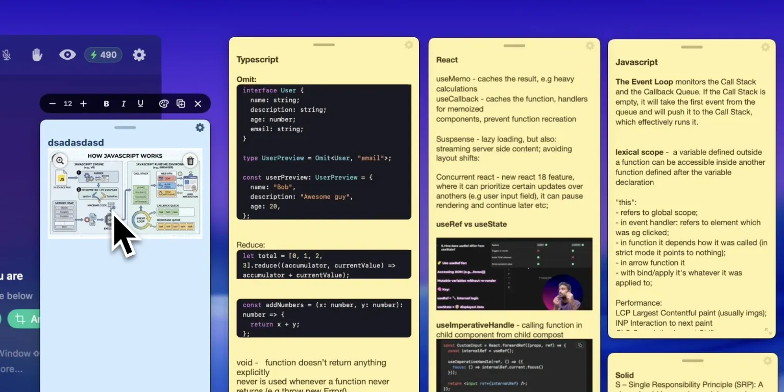 Three invisible sticky notes side by side, one holding a syntax-highlighted TypeScript block and one holding a pasted screenshot